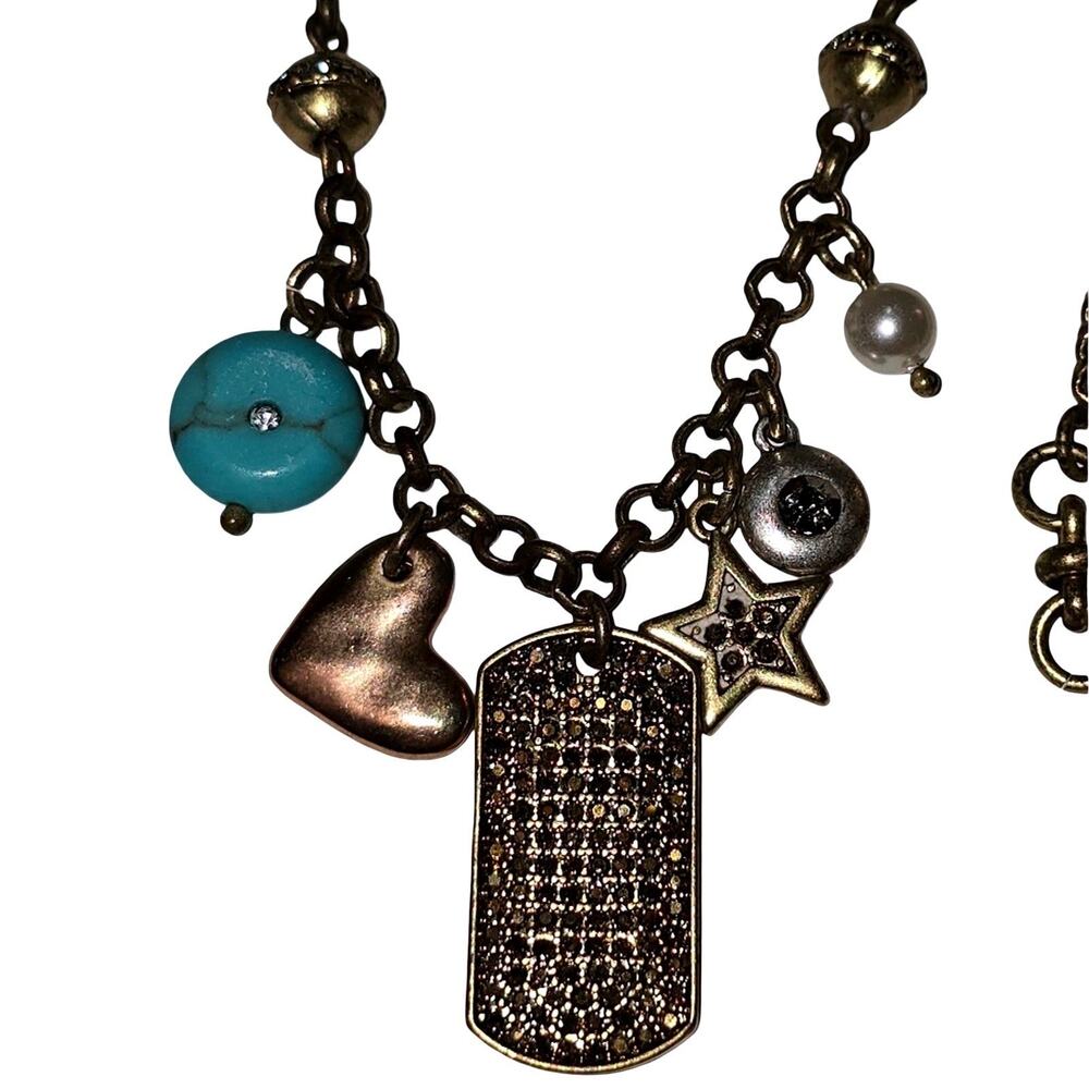 Lucky Brand Antique Gold Tone Charm Necklace Turquoise Heart Star Dog Tag 17.5in